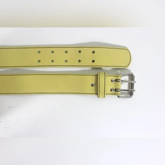 1980’s Butter Yellow Wide Genuine Leather Belt with Double Prong Silver Buckle - Picture 6 of 7
